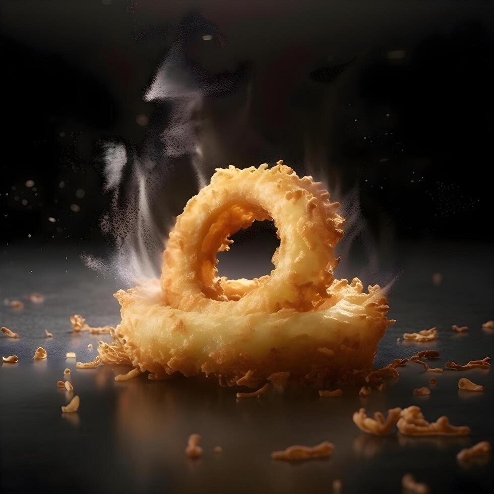 fritte ciambella con Fumo e acqua gocce su un' nero sfondo, ai generativo Immagine foto