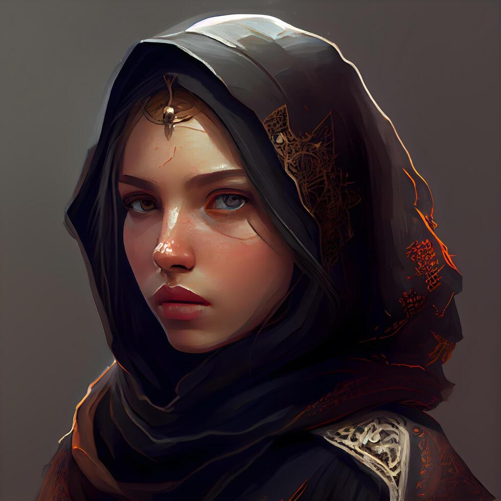 ritratto di un' bellissimo ragazza nel un' nero hijab. 3d rendering, ai generativo Immagine foto