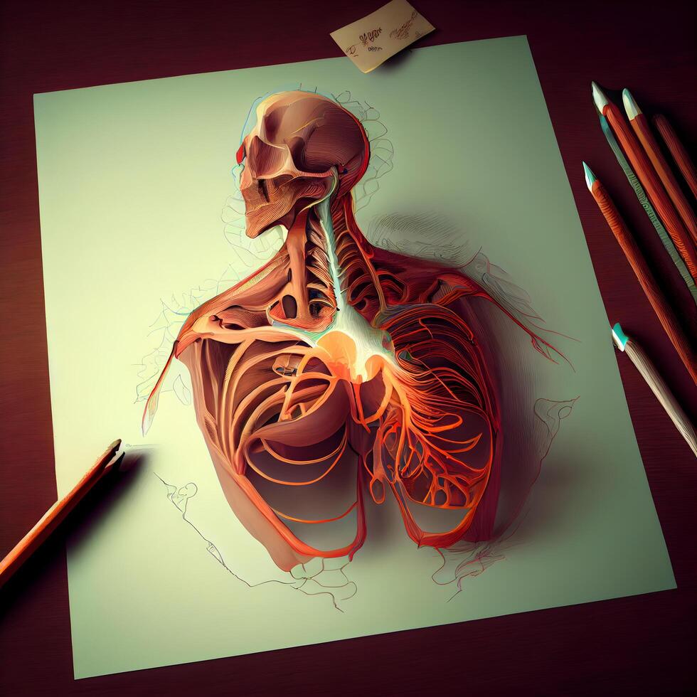 umano cuore anatomia con matite su di legno sfondo. 3d rendere, ai generativo Immagine foto