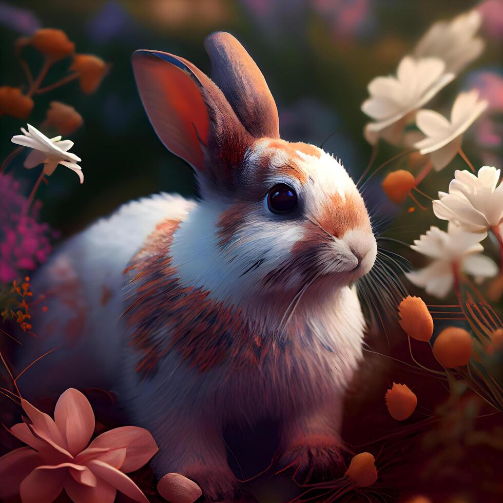 3d interpretazione di un' carino coniglio seduta nel un' campo di fiori, ai generativo Immagine foto