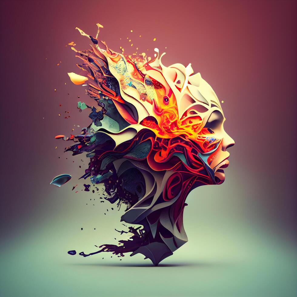 astratto umano testa fatto di colorato schizzi. 3d rendere illustrazione, ai generativo Immagine foto
