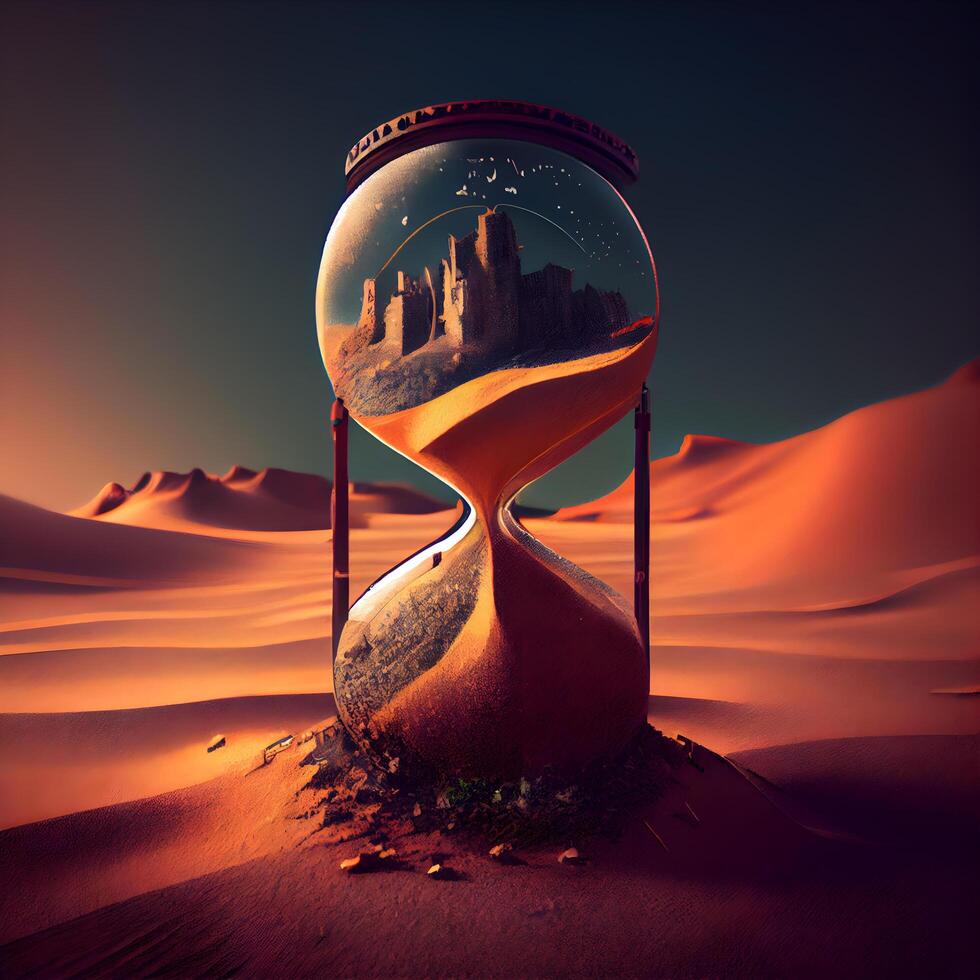 sabbia orologio nel sabbia deserto. 3d resa. tempo concetto., ai generativo Immagine foto