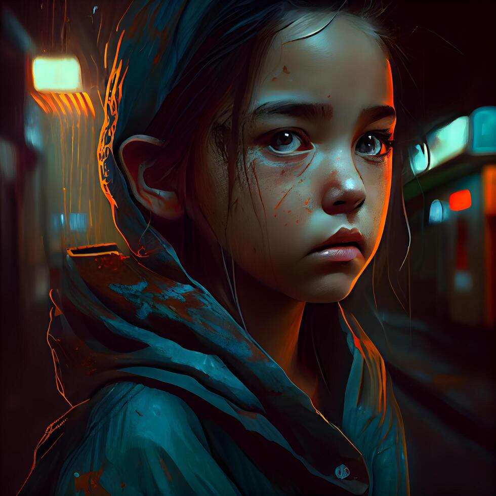 ritratto di un' ragazza con sangue su sua viso nel il scuro, ai generativo Immagine foto