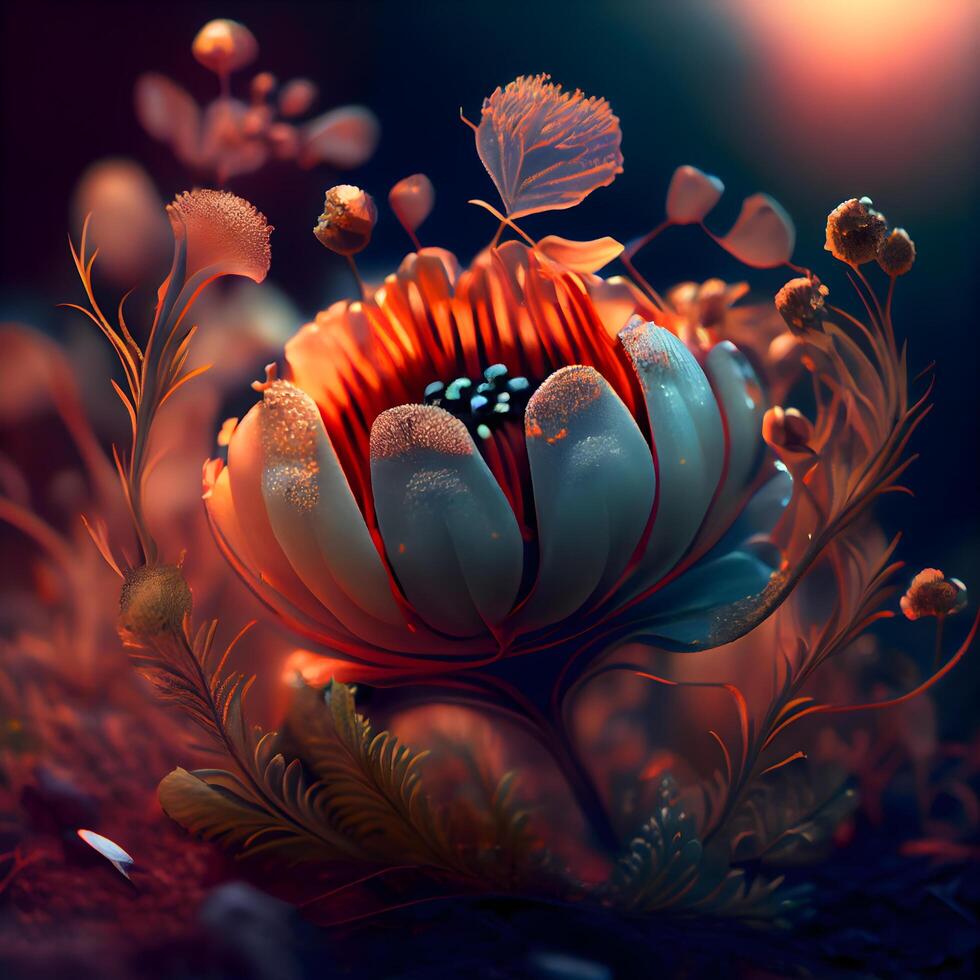3d illustrazione di astratto floreale composizione con rosso fiore su nero sfondo, ai generativo Immagine foto