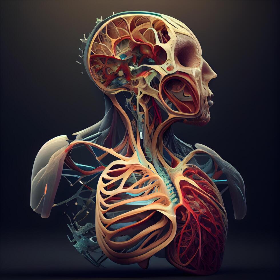umano corpo anatomia con circolatorio sistema su nero sfondo. 3d rendering, ai generativo Immagine foto