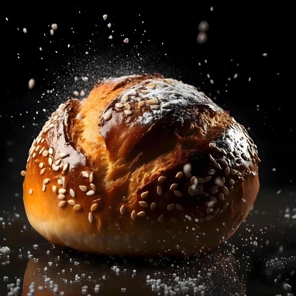 cioccolato brioche con spruzzi di cioccolato su un' nero sfondo, ai generativo Immagine foto