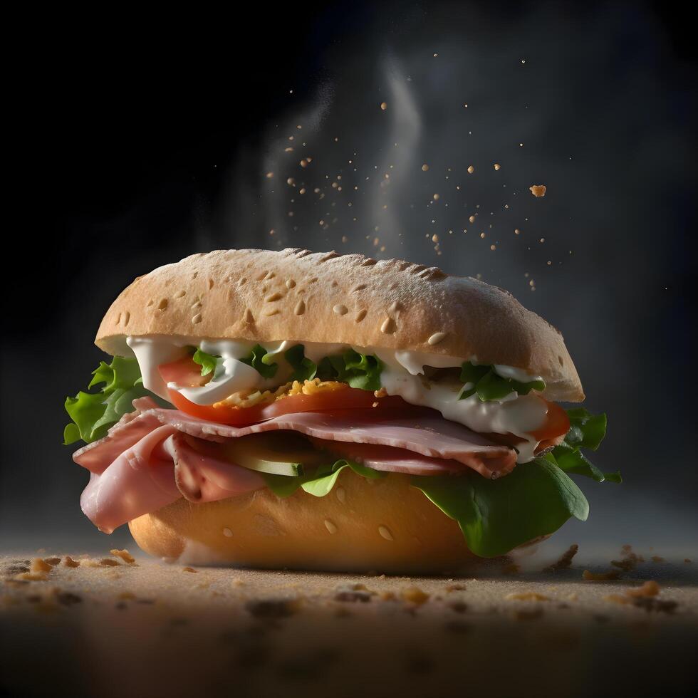 Sandwich con prosciutto e verdure su un' buio sfondo con Fumo e fuoco, ai generativo Immagine foto