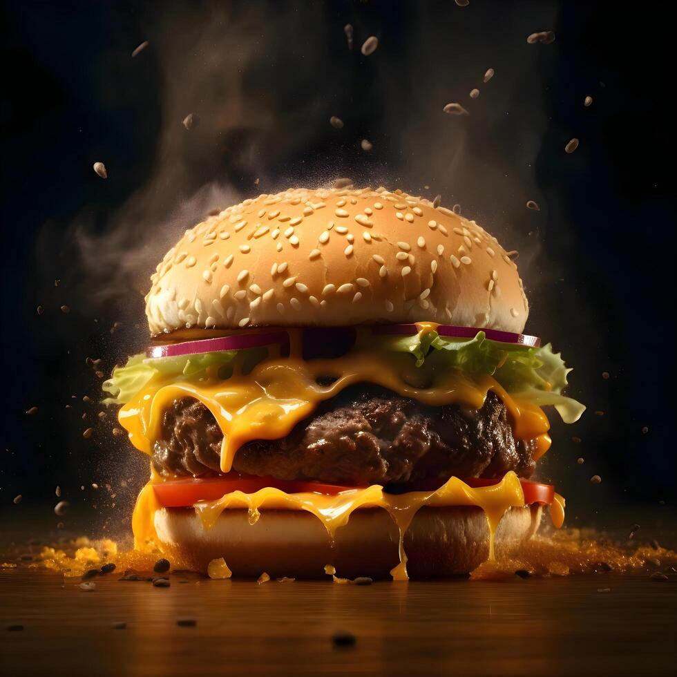 grande gustoso hamburger al formaggio su nero sfondo con Fumo. vicino su, ai generativo Immagine foto
