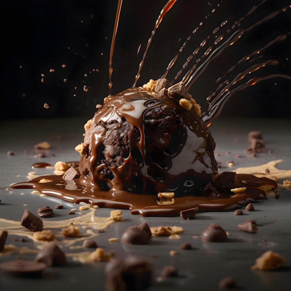 Cupcake con cioccolato e ghiaccio crema spruzzo su un' nero sfondo, ai generativo Immagine foto