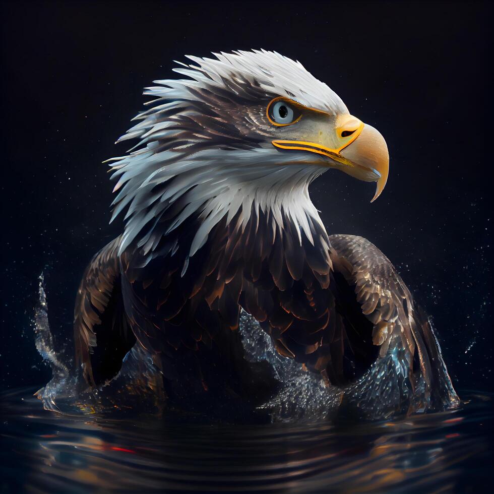 Calvo aquila nel acqua su un' nero sfondo. 3d rendering, ai generativo Immagine foto