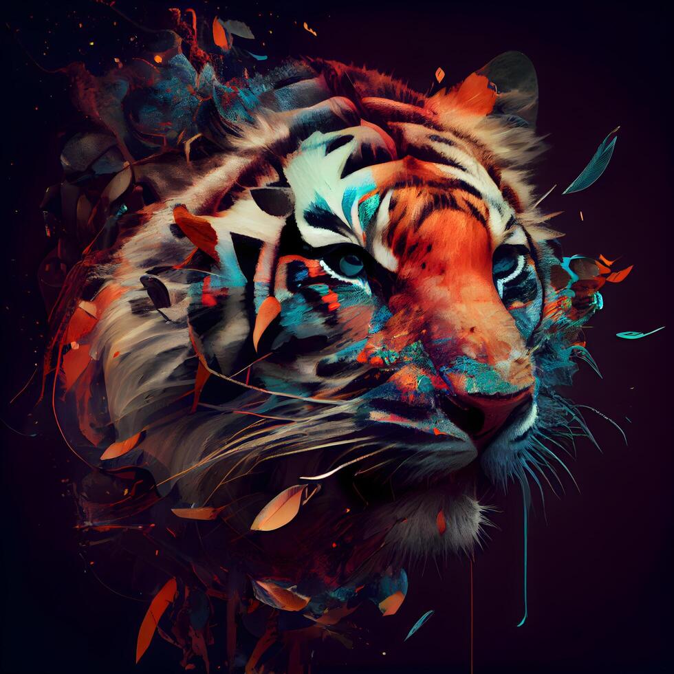 tigre testa con autunno le foglie su un' buio sfondo. illustrazione., ai generativo Immagine foto