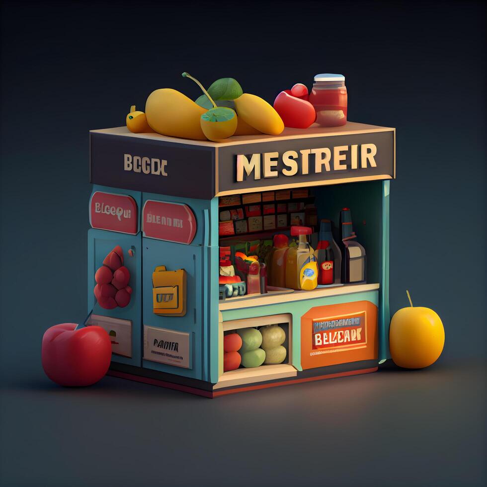 illustrazione di un' memorizzare con frutta e succo su un' buio sfondo, ai generativo Immagine foto