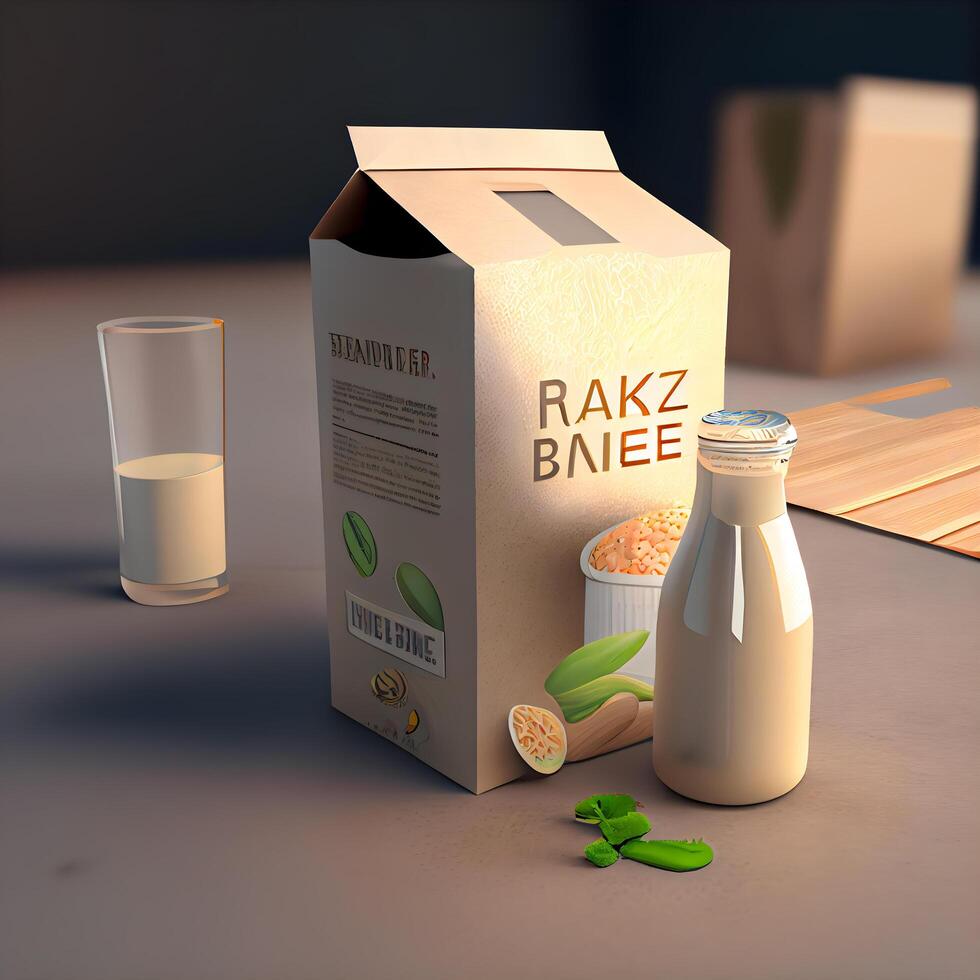latte scatola e bicchiere di latte su tavolo. 3d rendering, ai generativo Immagine foto