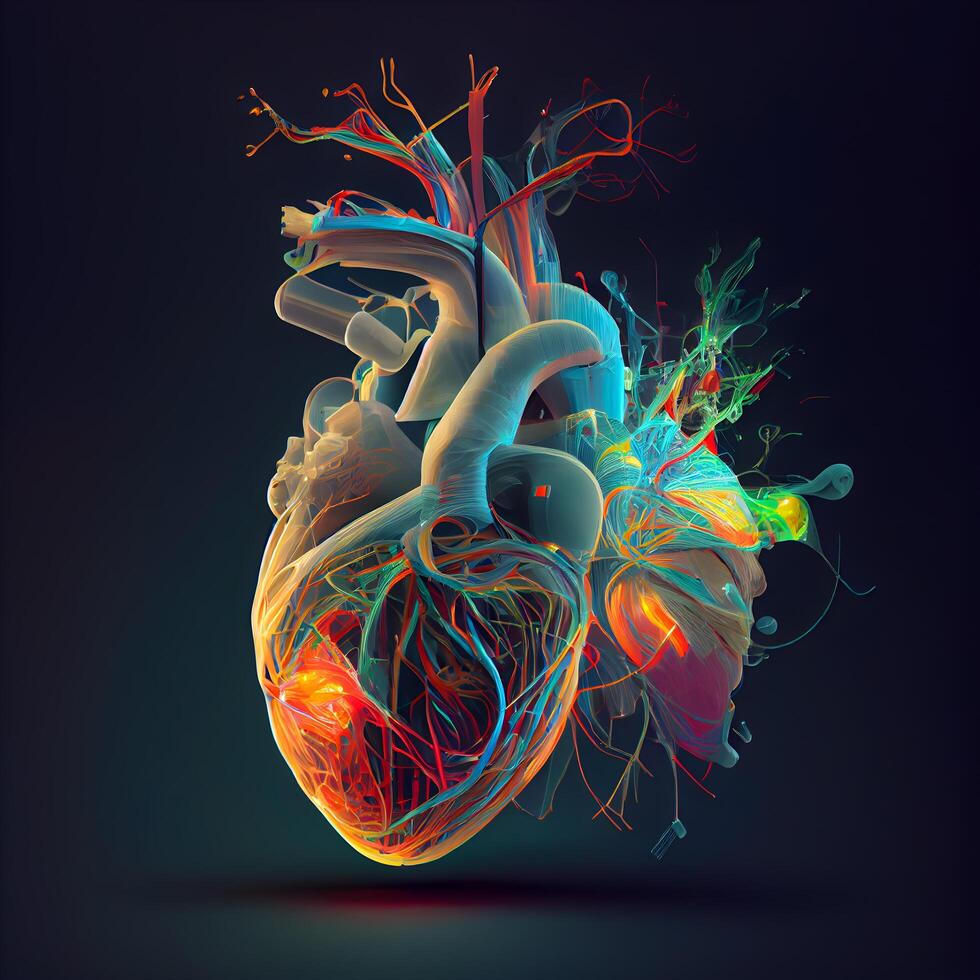 umano cuore anatomia su un' buio sfondo. 3d rendering, 3d illustrazione., ai generativo Immagine foto