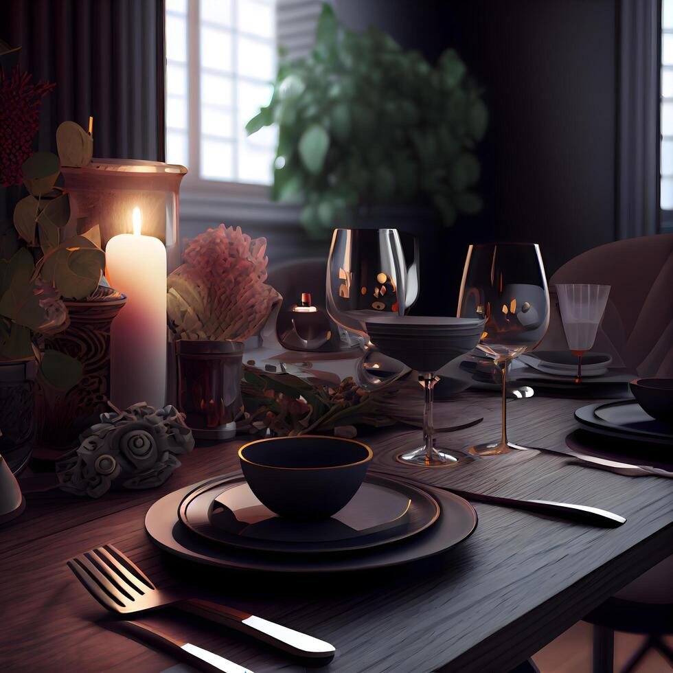 lusso tavolo ambientazione con vino bicchieri e candele. 3d rendering, ai generativo Immagine foto