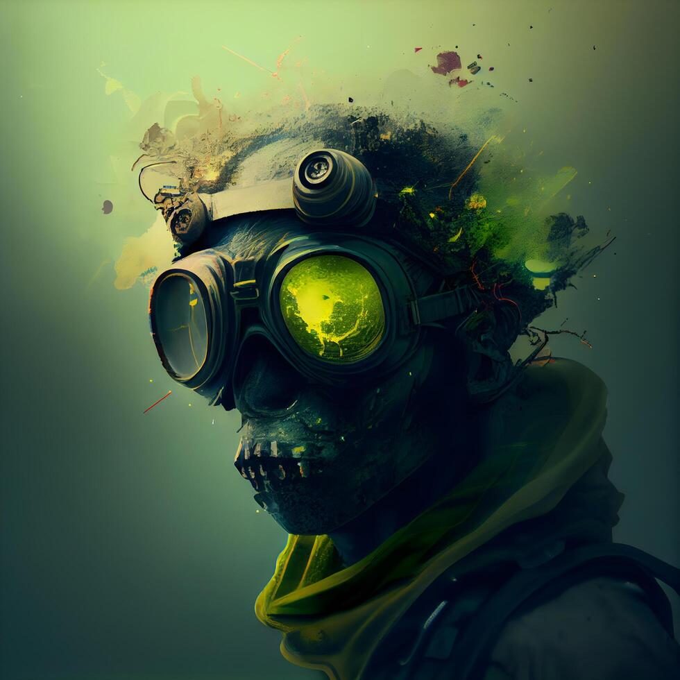 zombie uomo nel gas maschera e gas maschera. Halloween concetto., ai generativo Immagine foto