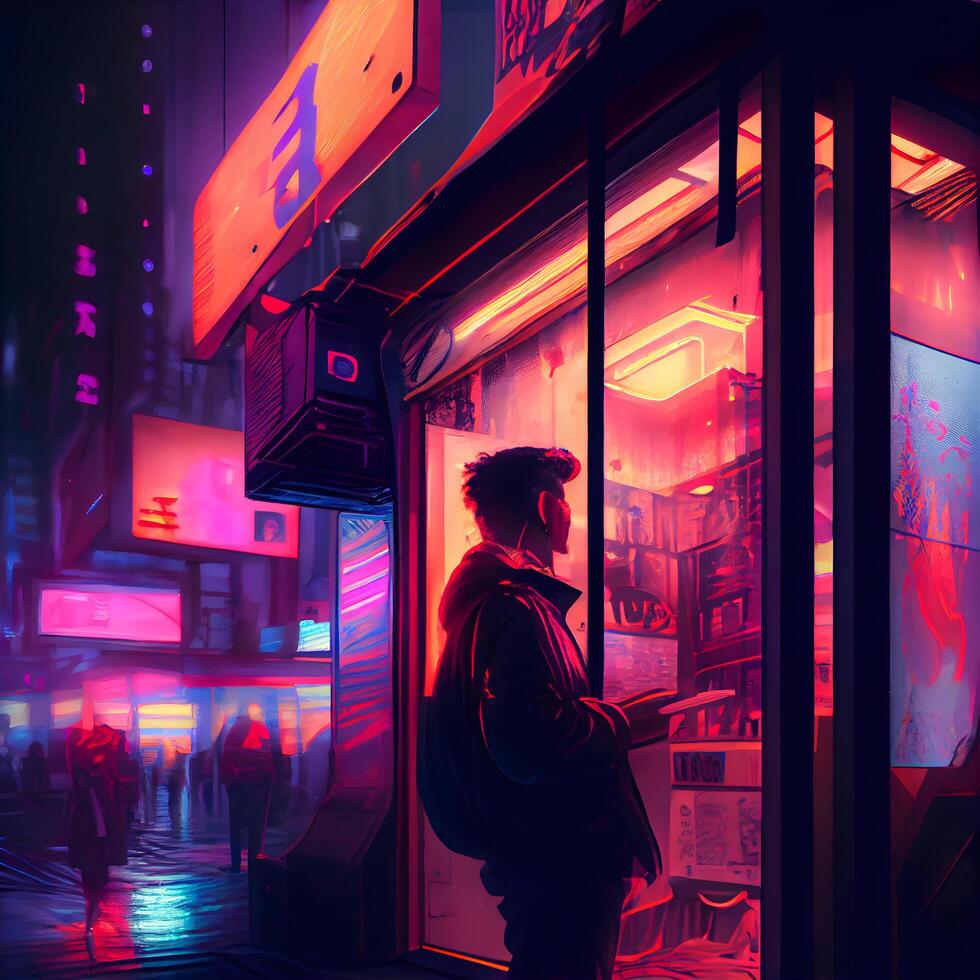 uomo nel un' città strada a notte con neon luci. digitale illustrazione., ai generativo Immagine foto