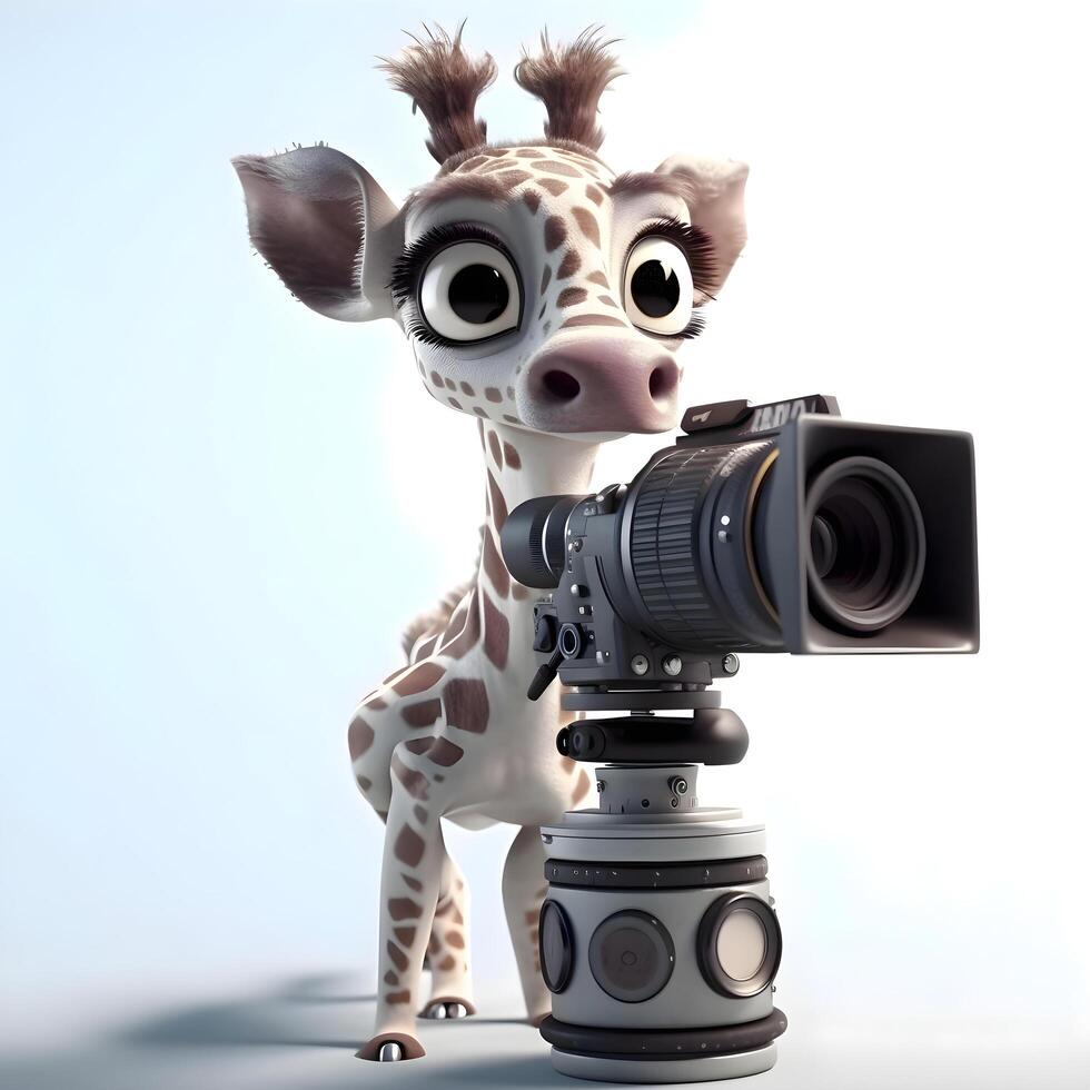 carino giraffa con un' telecamera e un' film telecamera. 3d rendering, ai generativo Immagine foto