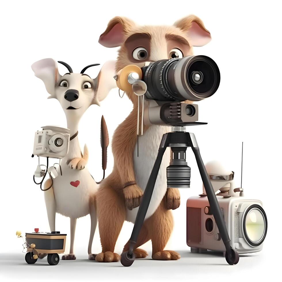 3d interpretazione di un' carino cartone animato cane con un' telecamera e un' telecamera, ai generativo Immagine foto