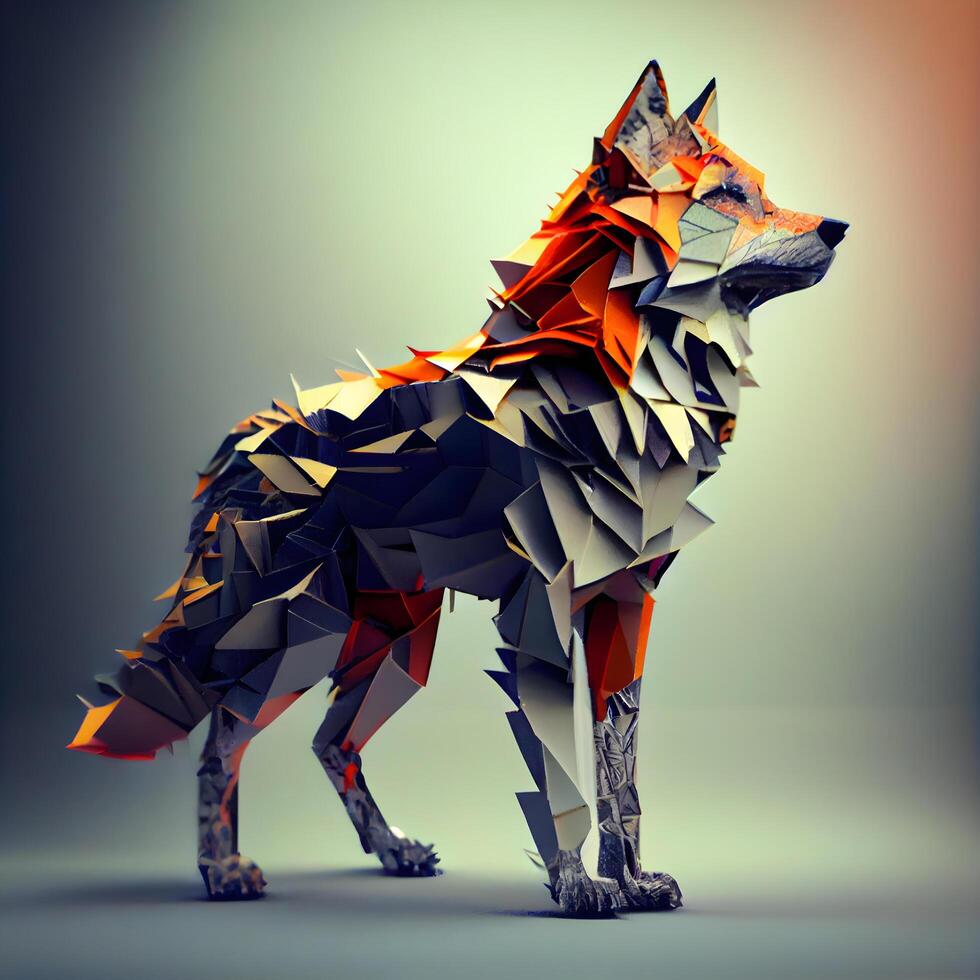 3d interpretazione di un' lupo fatto di poligonale origami, ai generativo Immagine foto