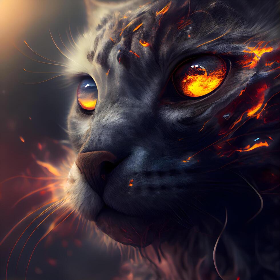 fantasia ritratto di un' gatto con fuoco e Fumo, 3d illustrazione, ai generativo Immagine foto