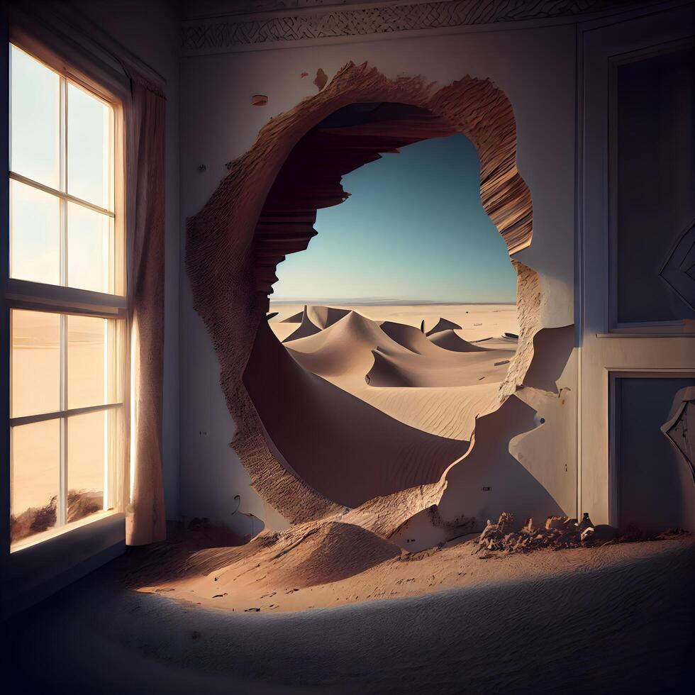 deserto paesaggio con sabbia dune e finestra. 3d rendering, ai generativo Immagine foto