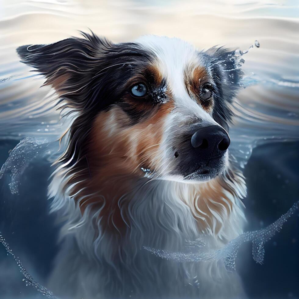 ritratto di un' confine collie cane nel acqua. 3d rendering, ai generativo Immagine foto
