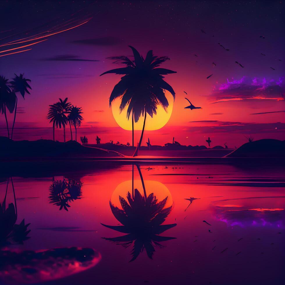 tropicale tramonto con palma alberi e uccelli. illustrazione., ai generativo Immagine foto