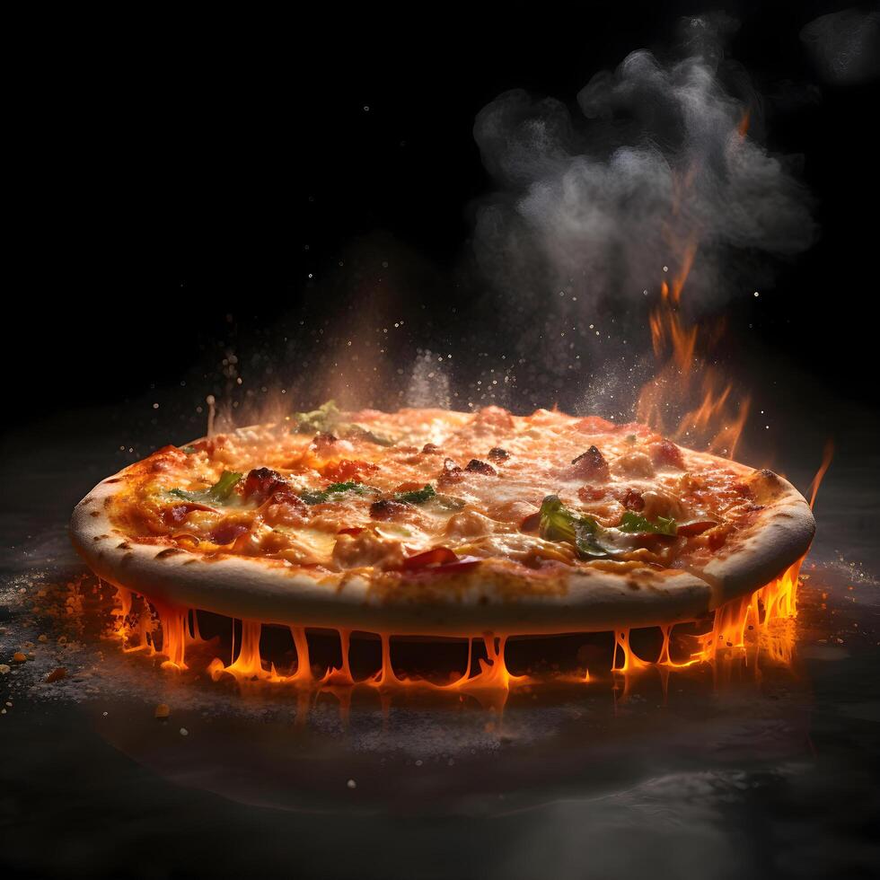 Pizza con salame e Mozzarella formaggio su nero sfondo, ai generativo Immagine foto