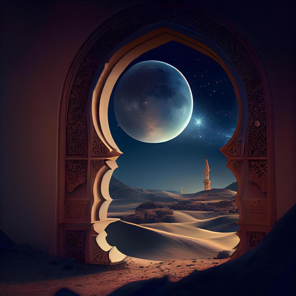 3d illustrazione di un Arabo finestra con Luna e stelle, ai generativo Immagine foto