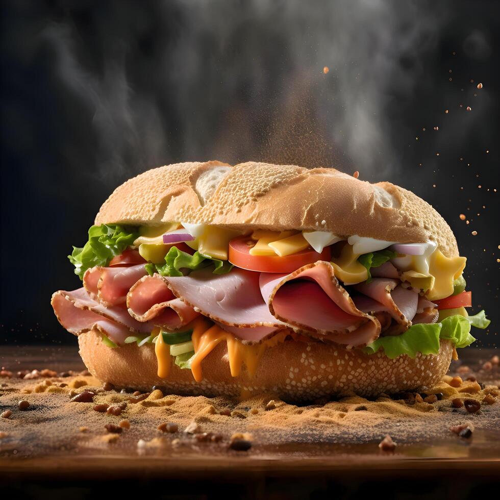 Sandwich con prosciutto, formaggio e verdure su un' buio sfondo., ai generativo Immagine foto