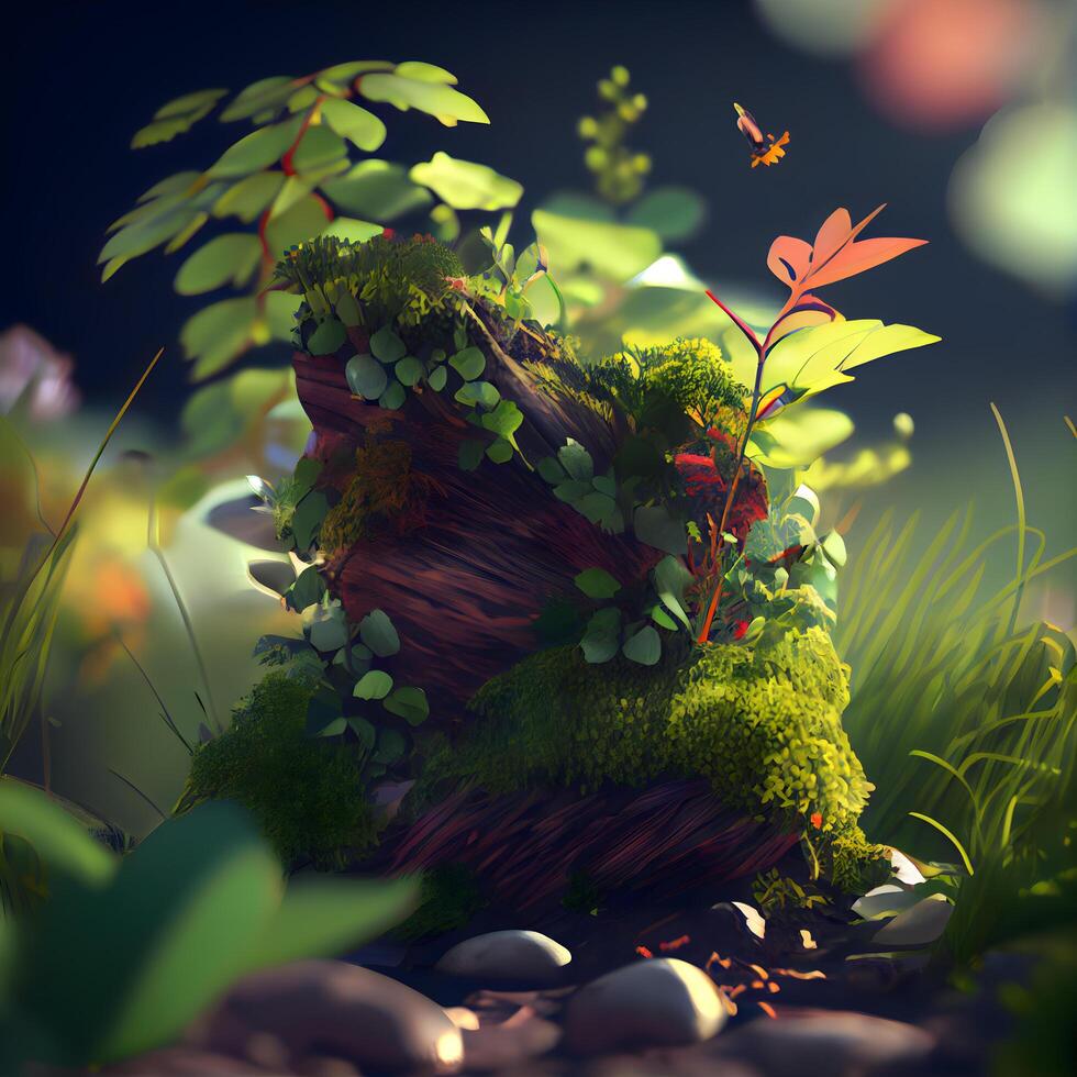 fantasia fantasia foresta con muschio e impianti. 3d illustrazione., ai generativo Immagine foto