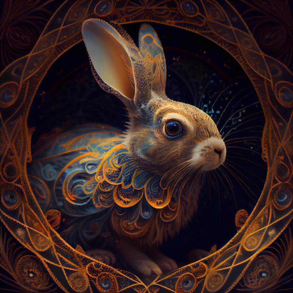 Pasqua coniglietto con ornamentale telaio su buio sfondo. digitale pittura., ai generativo Immagine foto