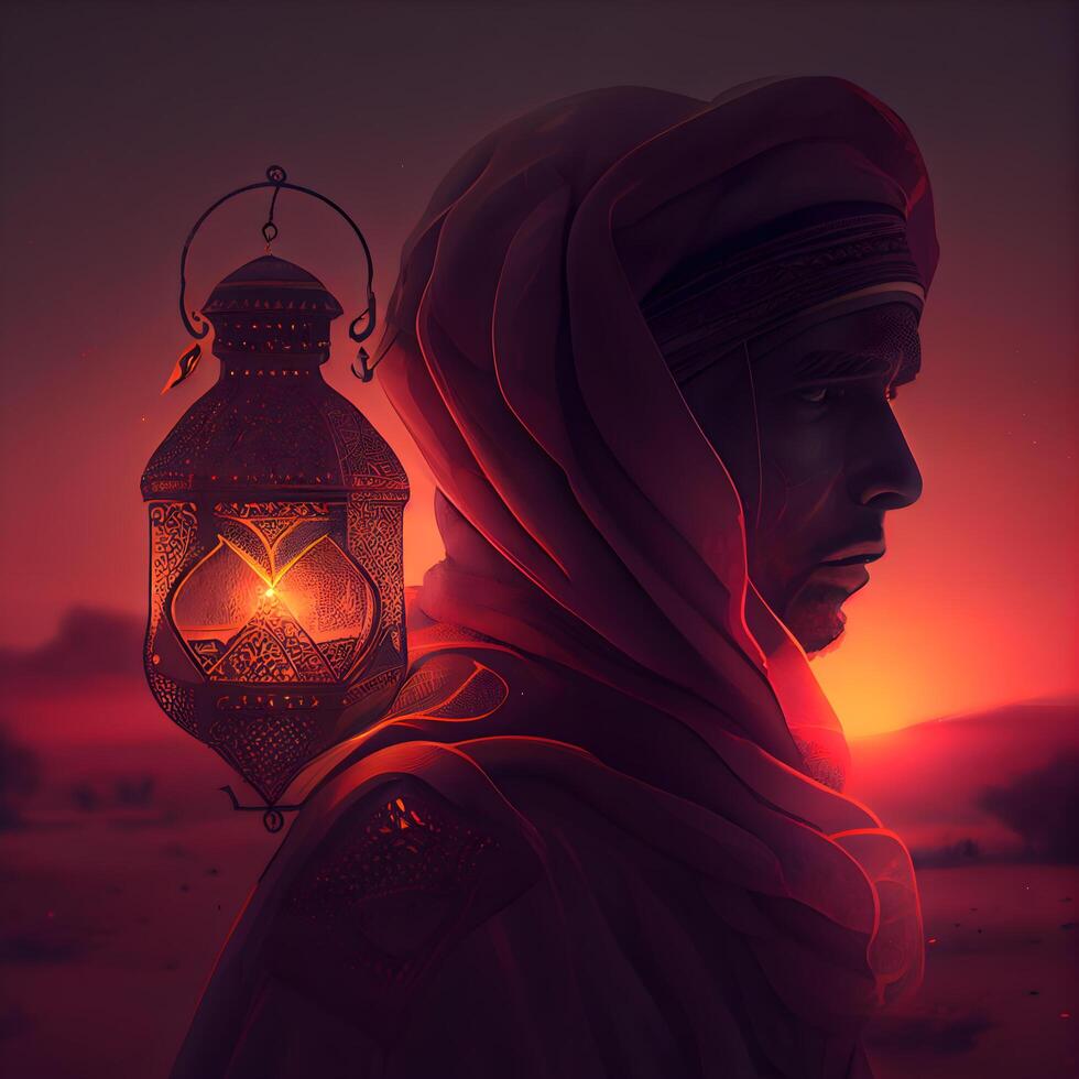 Ramadan kareem saluto carta. silhouette di musulmano uomo con lanterna. 3d rendering, ai generativo Immagine foto