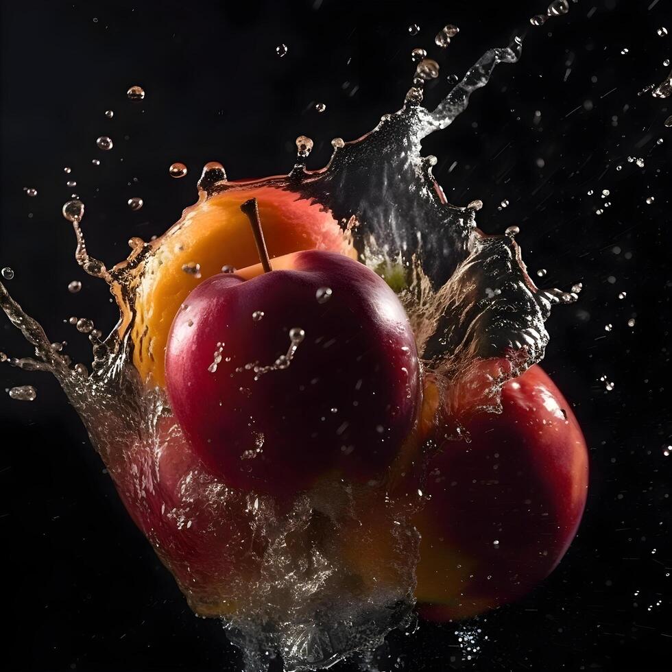 acqua spruzzi a partire dal Due mele su nero sfondo con copia spazio., ai generativo Immagine foto