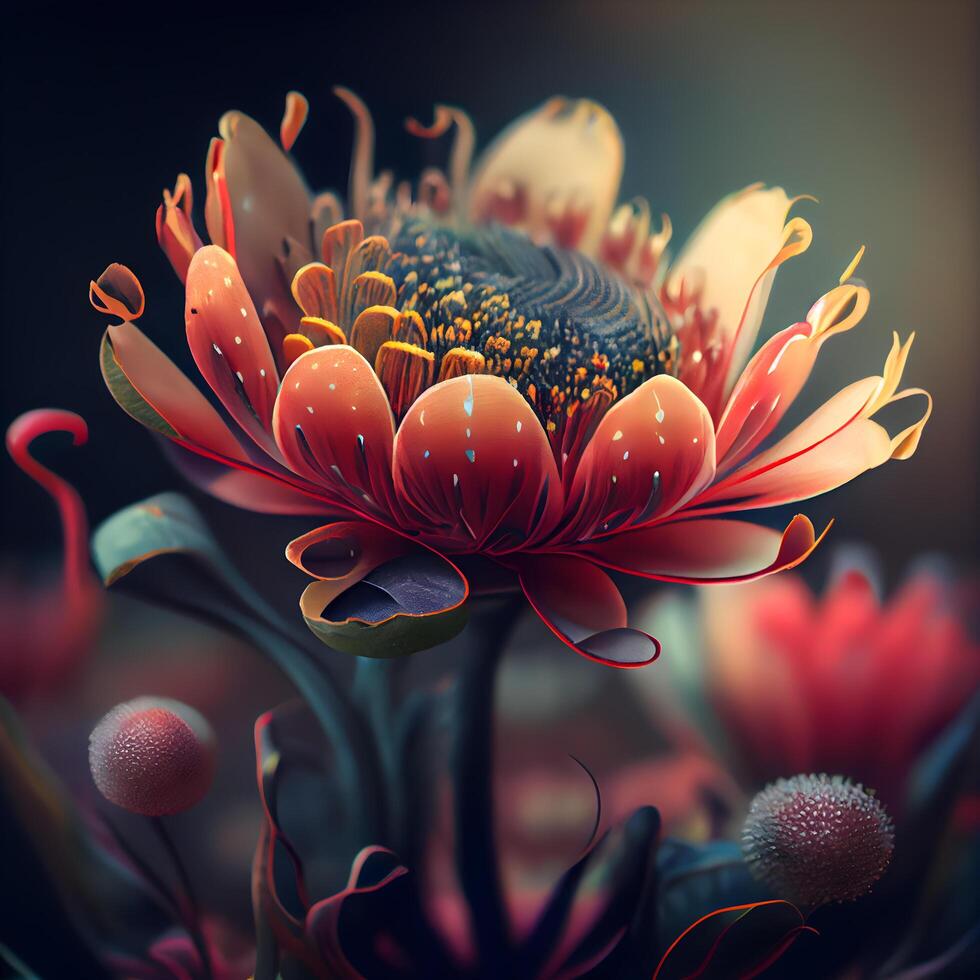 bellissimo rosso fiore su un' buio sfondo. 3d illustrazione., ai generativo Immagine foto