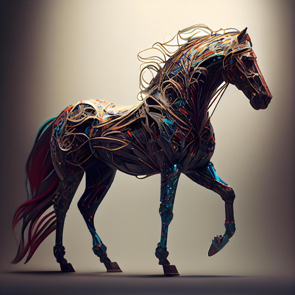 3d interpretazione di un' nero cavallo con astratto Linee su suo corpo, ai generativo Immagine foto