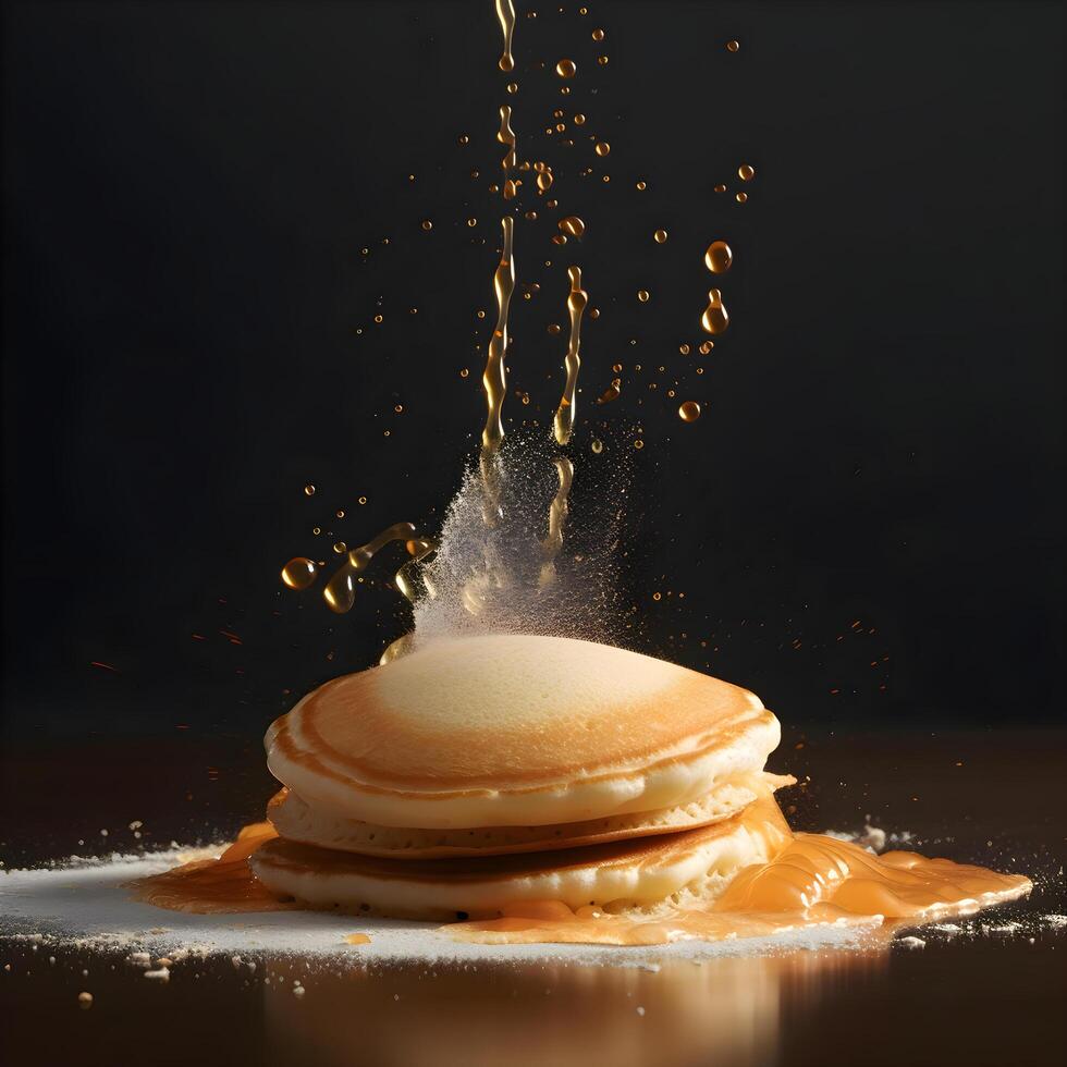 Pancakes con miele e frutti di bosco su un' di legno tavolo. sfocato sfondo., ai generativo Immagine foto