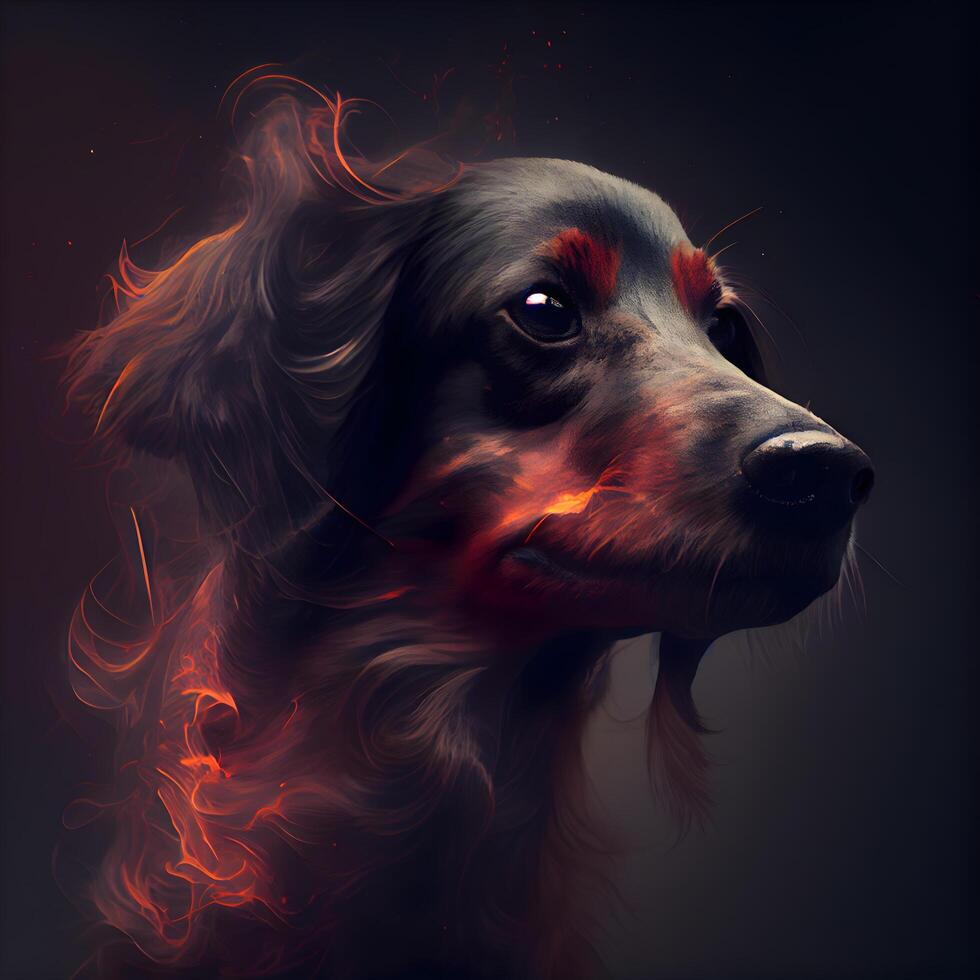 digitale pittura di un' cane con un' rosso fiamma su un' nero sfondo, ai generativo Immagine foto