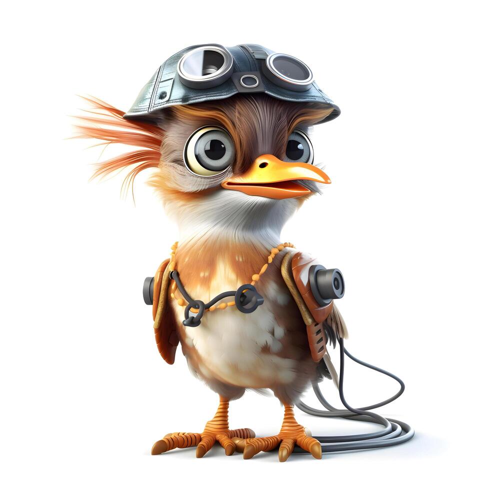 carino cartone animato uccello con aviatore casco e occhiali. 3d rendering, ai generativo Immagine foto