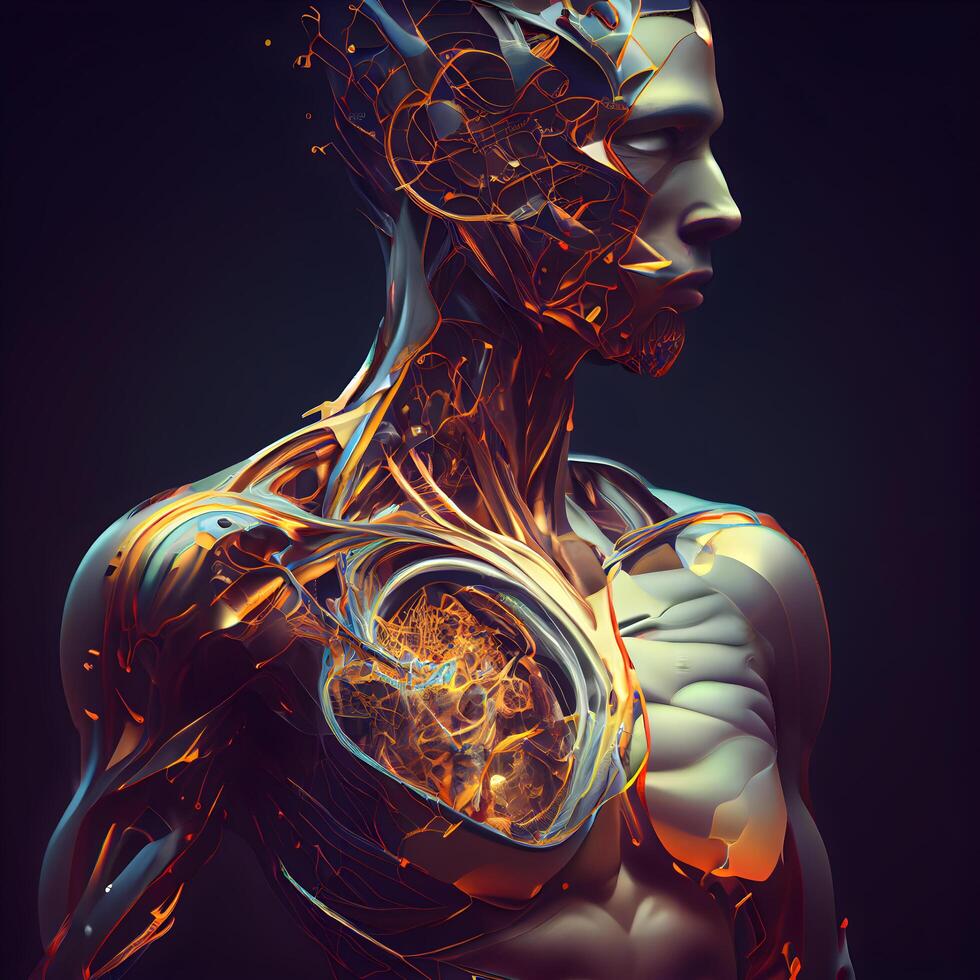 umano corpo anatomia. 3d illustrazione. umano corpo fatto di metallo., ai generativo Immagine foto