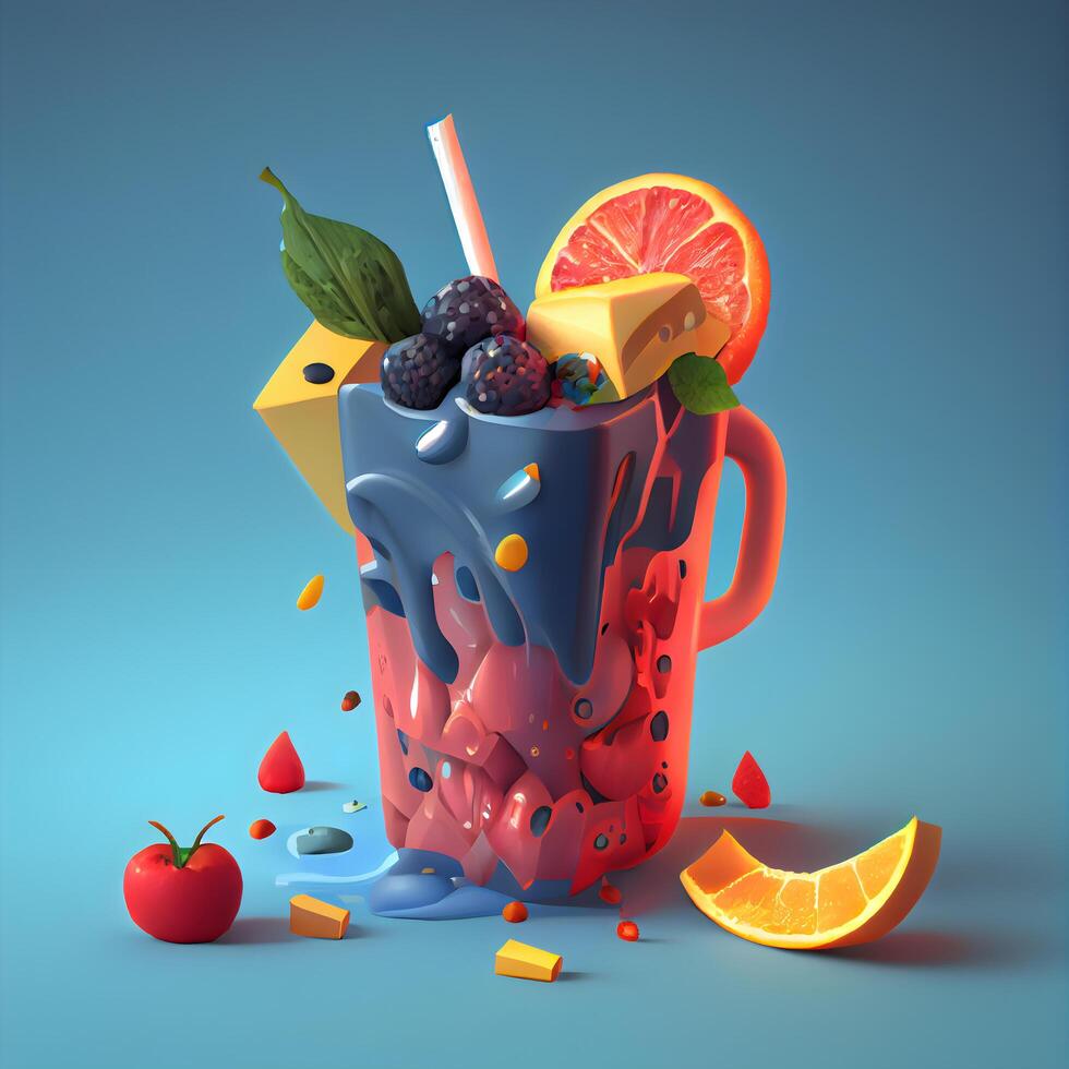 frutta succo nel un' bicchiere con frutta e frutti di bosco. 3d illustrazione, ai generativo Immagine foto