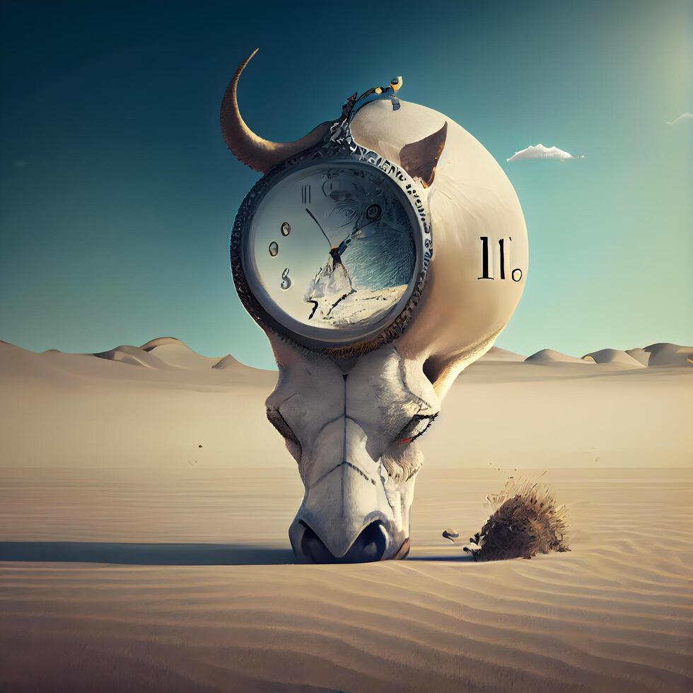 mucca cranio con orologio nel il deserto. tempo è i soldi concetto., ai generativo Immagine foto