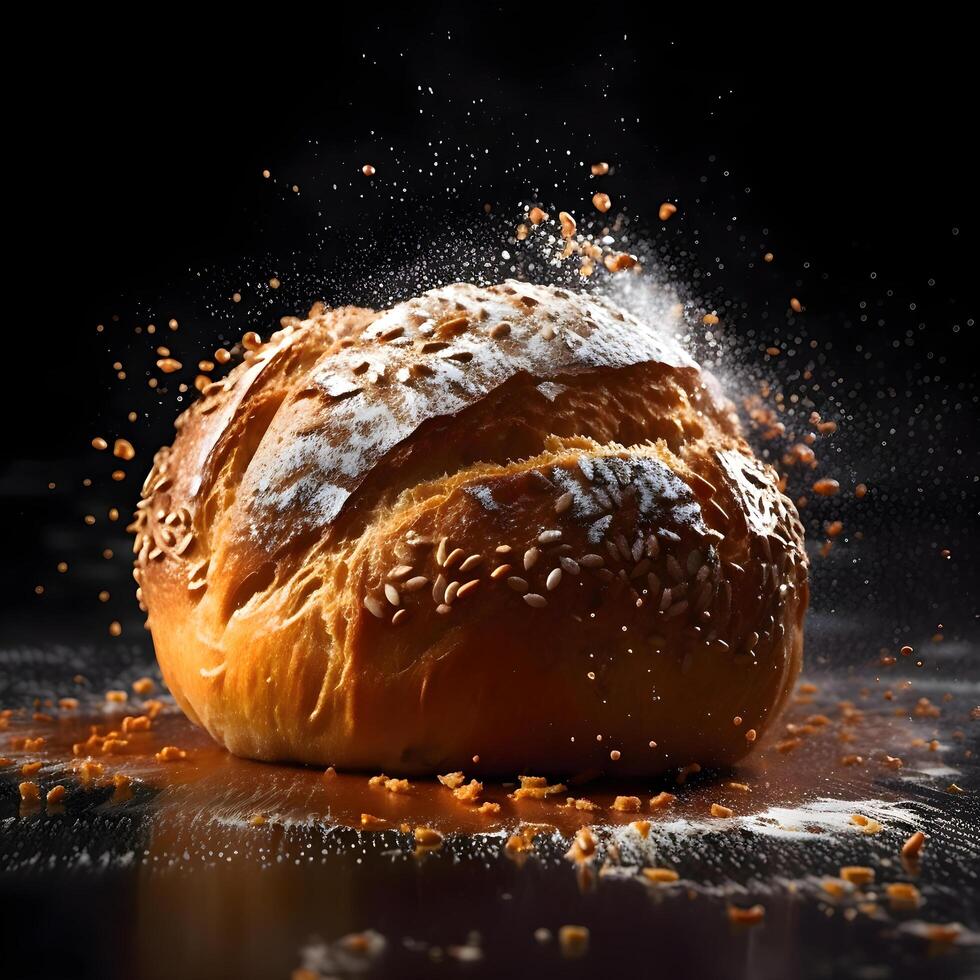 cioccolato brioche caduta in il aria su un' nero sfondo, ai generativo Immagine foto