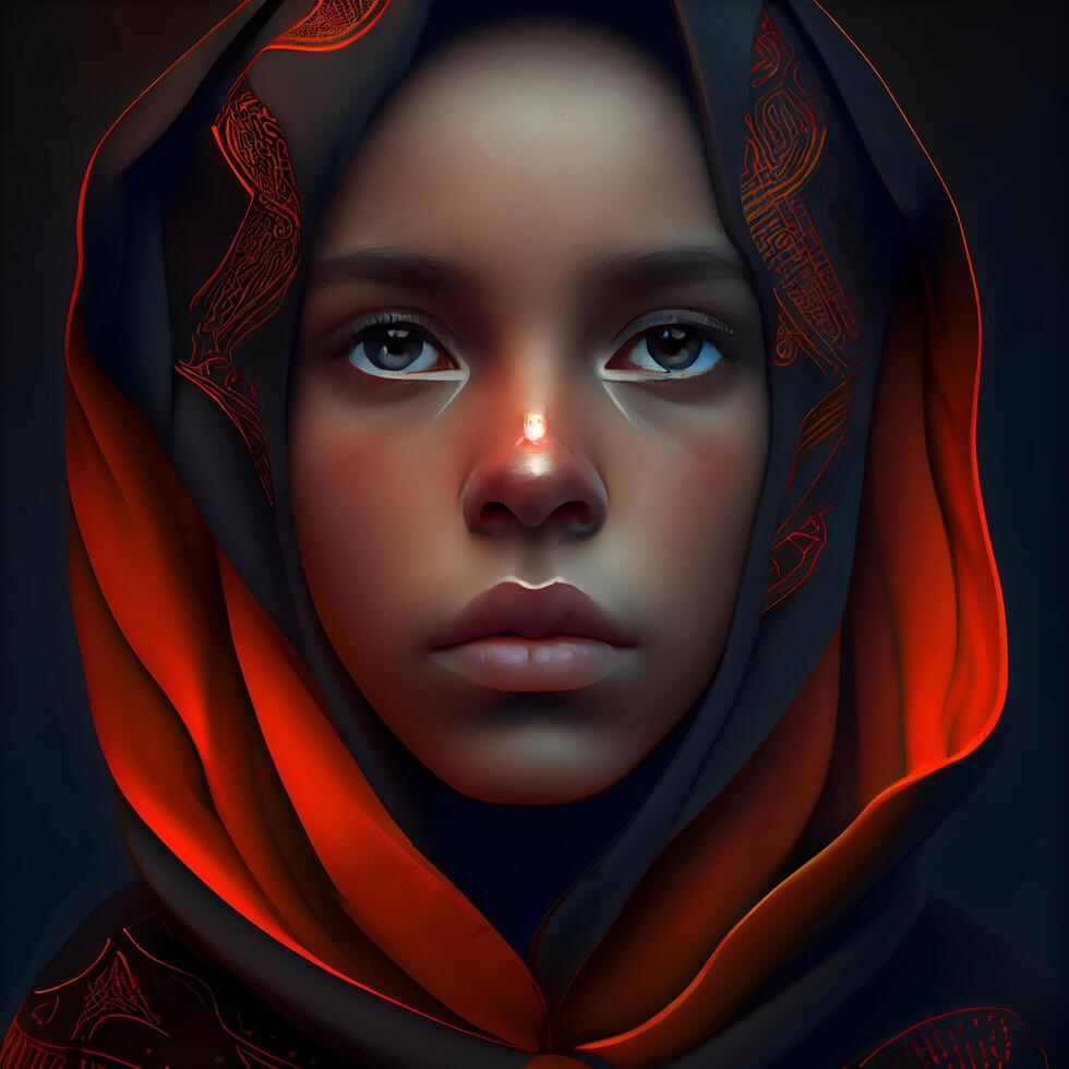 ritratto di un' bellissimo africano donna con un' rosso velo. 3d rendering, ai generativo Immagine foto