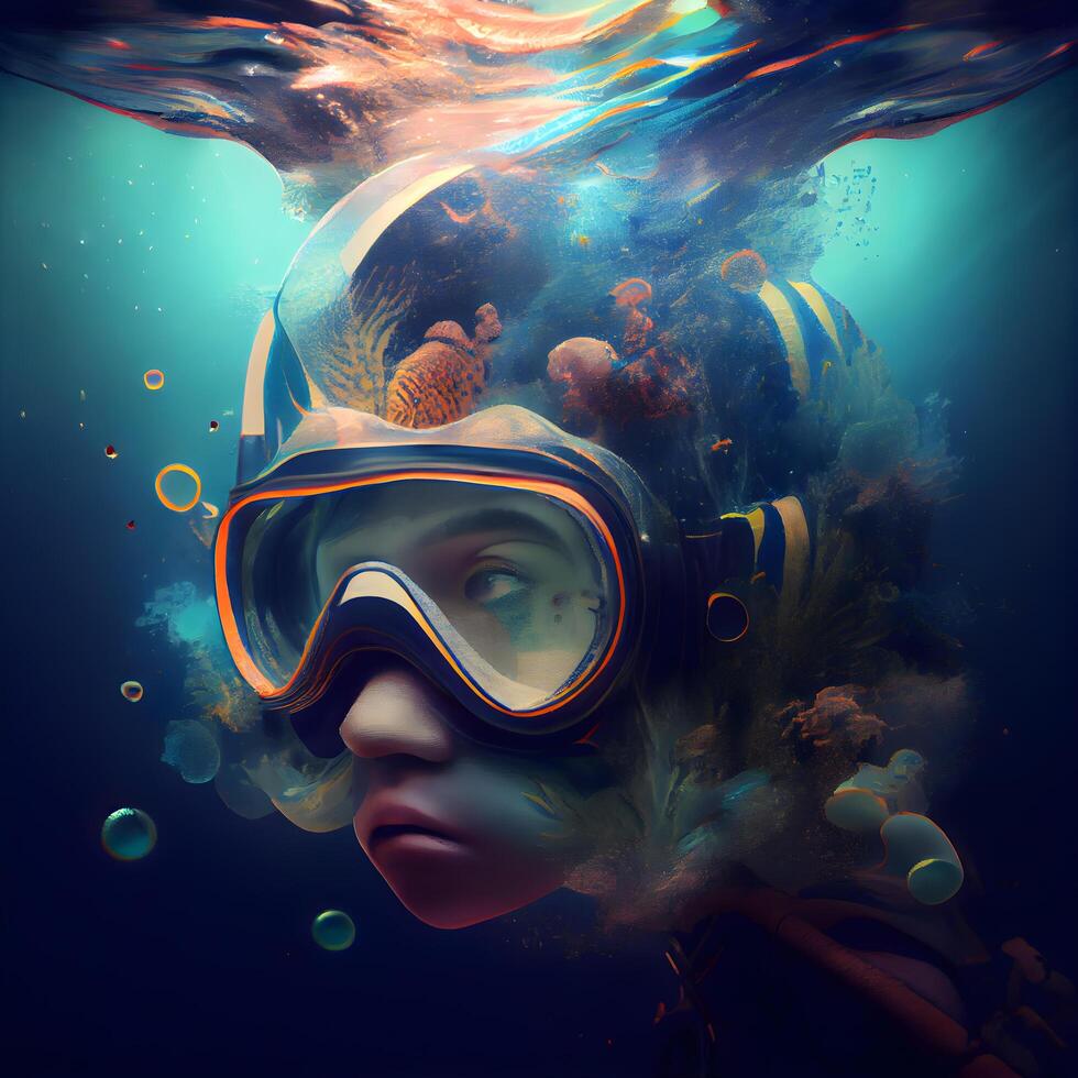 3d illustrazione di un' femmina autorespiratore tuffatore nel il oceano., ai generativo Immagine foto