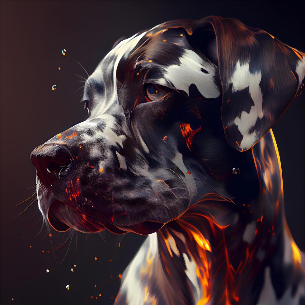 ritratto di grande dane cane con fuoco fiamme su nero sfondo, ai generativo Immagine foto