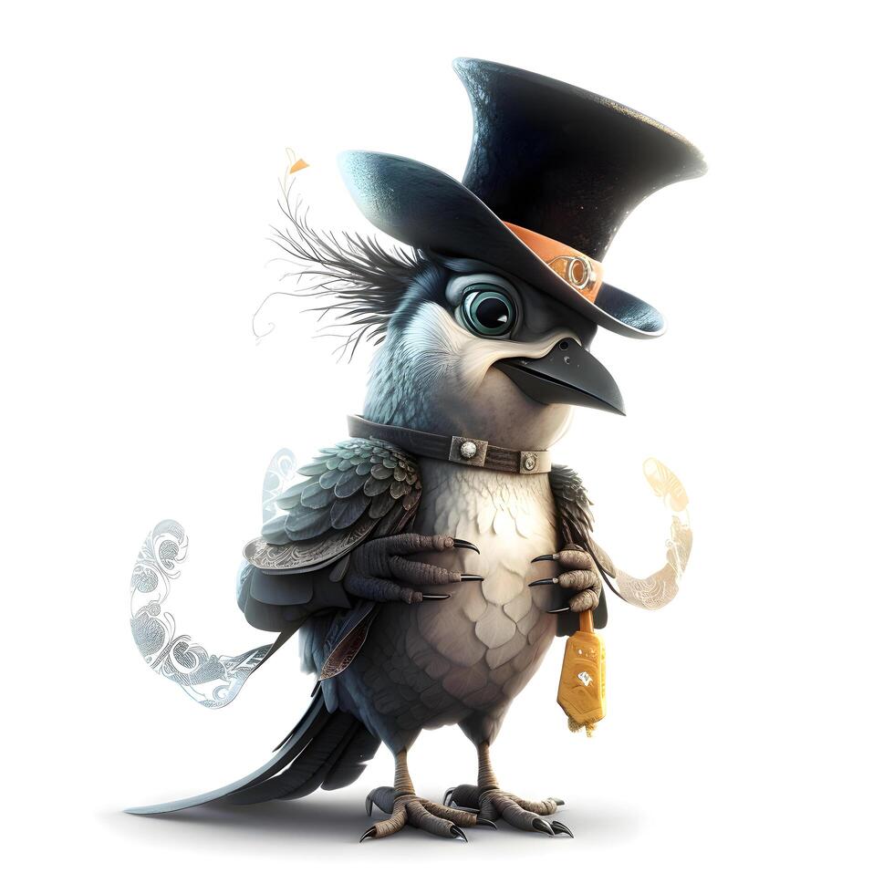3d interpretazione di un' corvo indossare un' cappello e Tenere un' Magia bacchetta, ai generativo Immagine foto