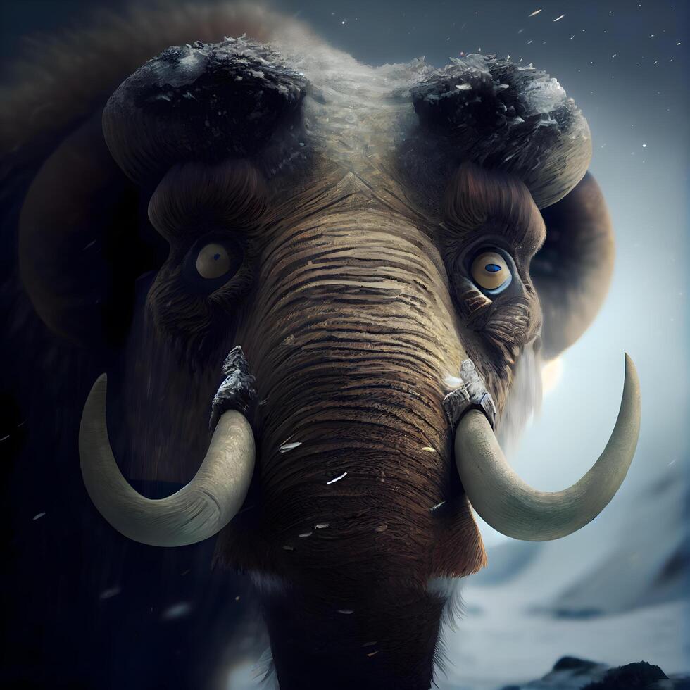 elefante nel nevoso foresta, 3d rendere. mammut nel inverno, ai generativo Immagine foto