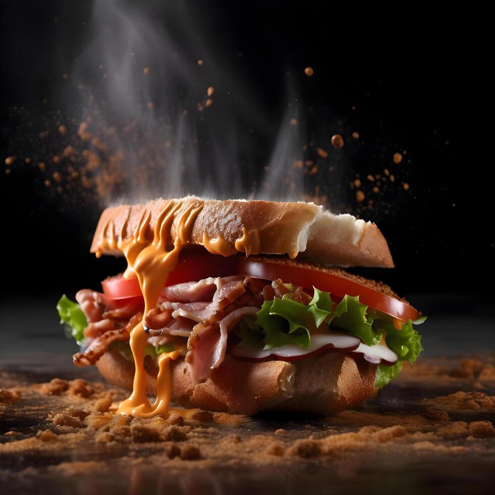 Sandwich con Bacon, formaggio e verdure su un' nero sfondo., ai generativo Immagine foto